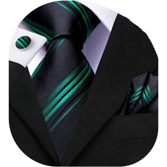 Mens Black Tie Set Solid Paisley Necktie Pocket Square Cufflinks Formal Silk - Picture 1 of 6